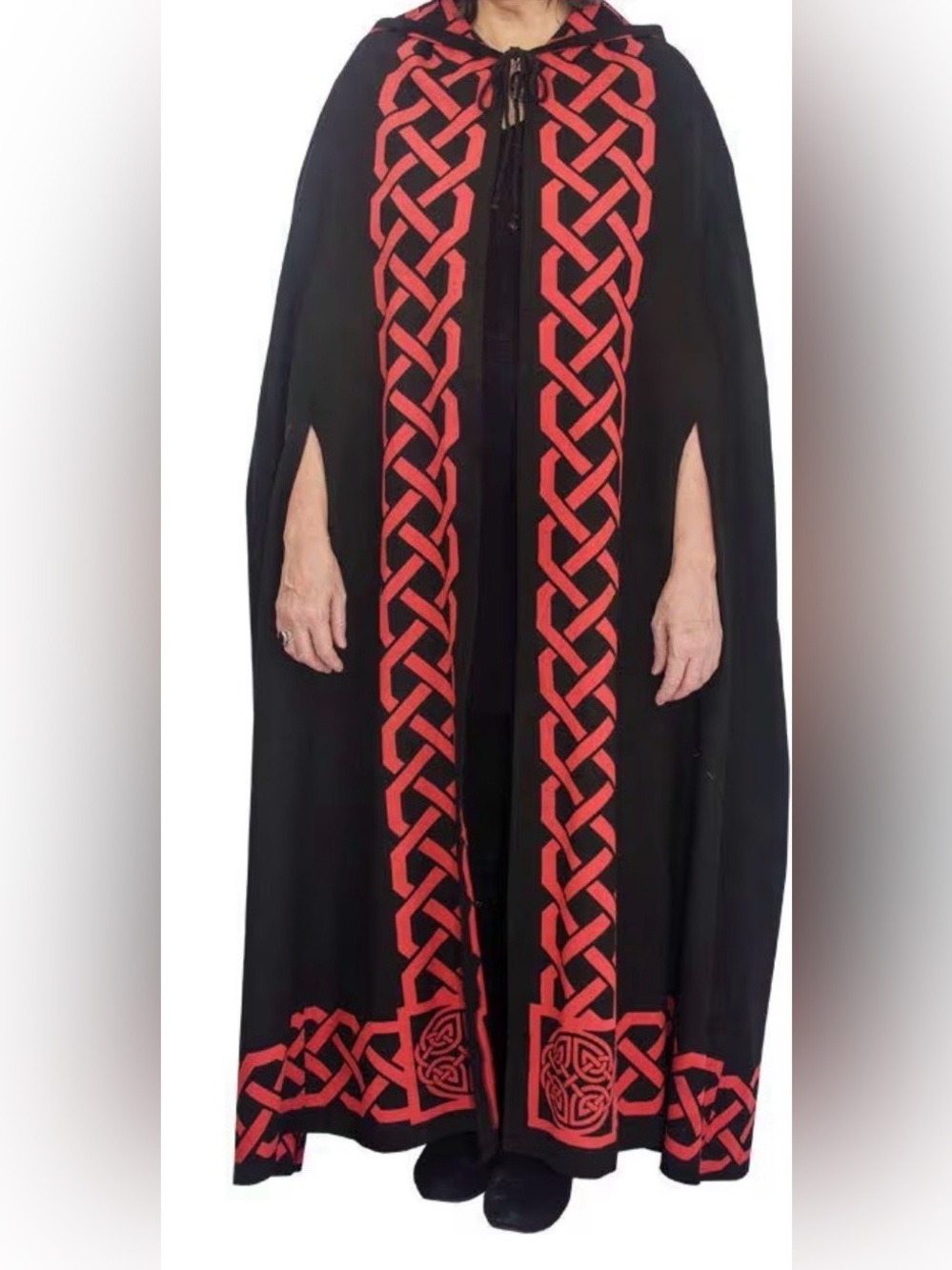 Black/Red Hooded Celtic-Trim Cloak with Dragon Accents